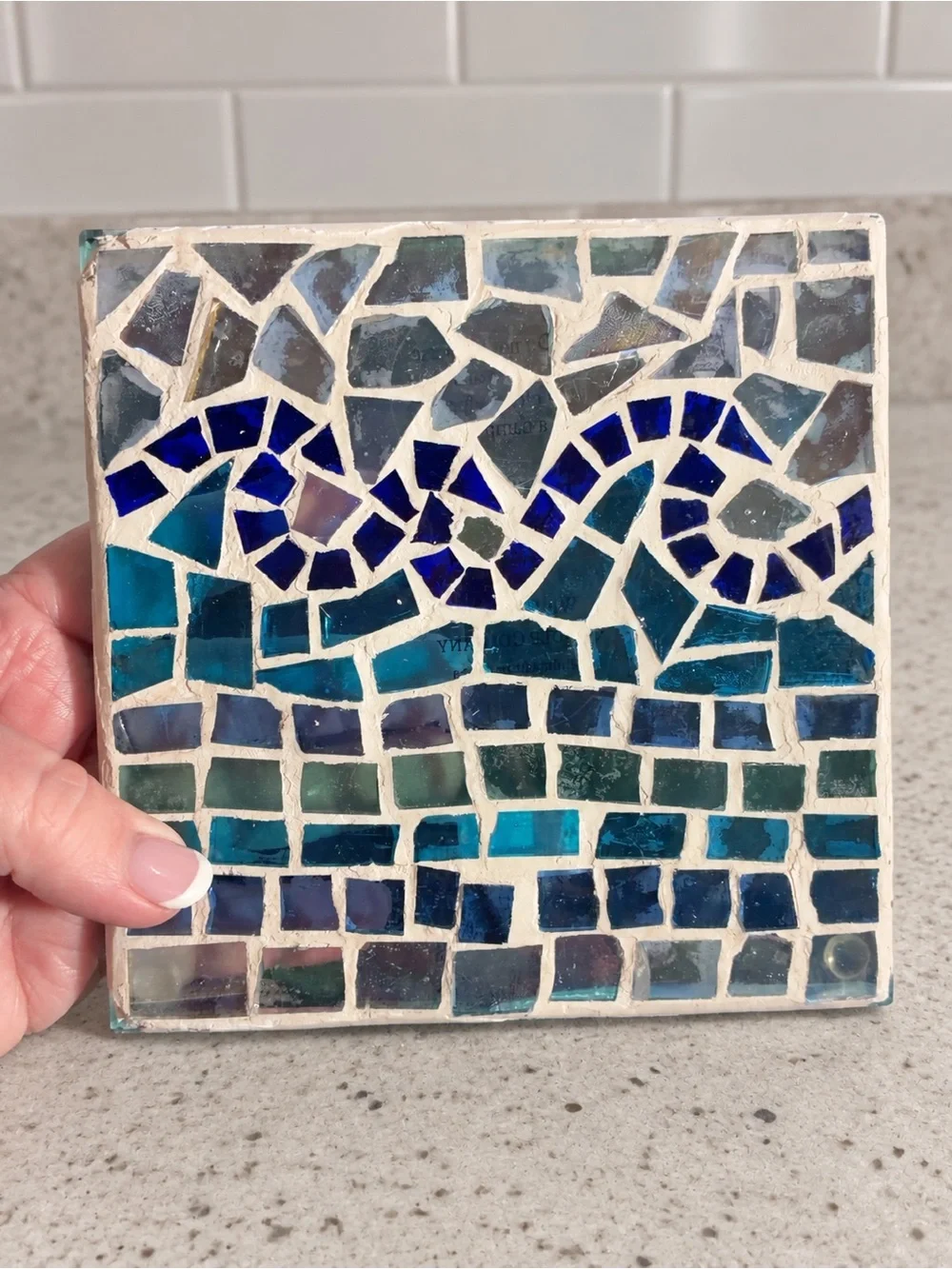 White Barn Blue Mosaic Glass Candle Plate Trivet 6”
